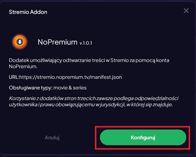 Okno dodatku NoPremium w Stremio