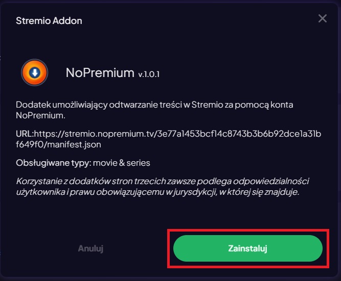 Poprawnie skonfigurowany dodatek NoPremium w Stremio